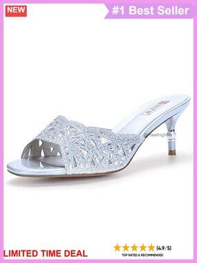 Women's Peep Toe Kitten Heel Slide Mules with Pearl Heel and Rhinestone Glitter